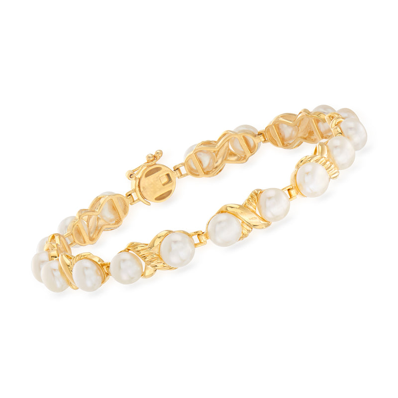 Cultured pearl bracelet with 18k gold over sterling links and clasp, white 6–6.5mm pearls