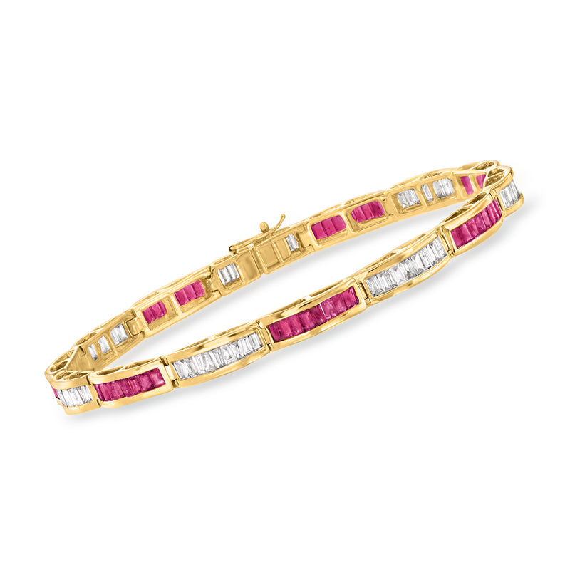 14kt yellow gold tennis bracelet with ruby pink and diamond rectangular settings