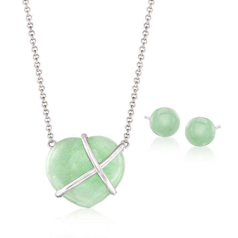 Sterling silver jade jewelry set with heart pendant necklace and stud earrings