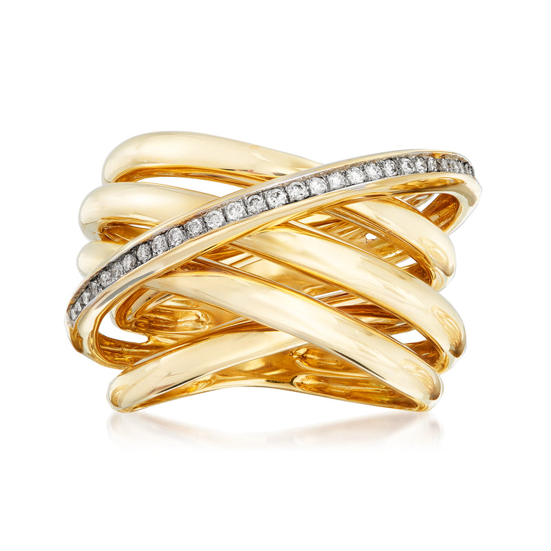 14kt yellow gold diamond crossover ring with pavé stone row