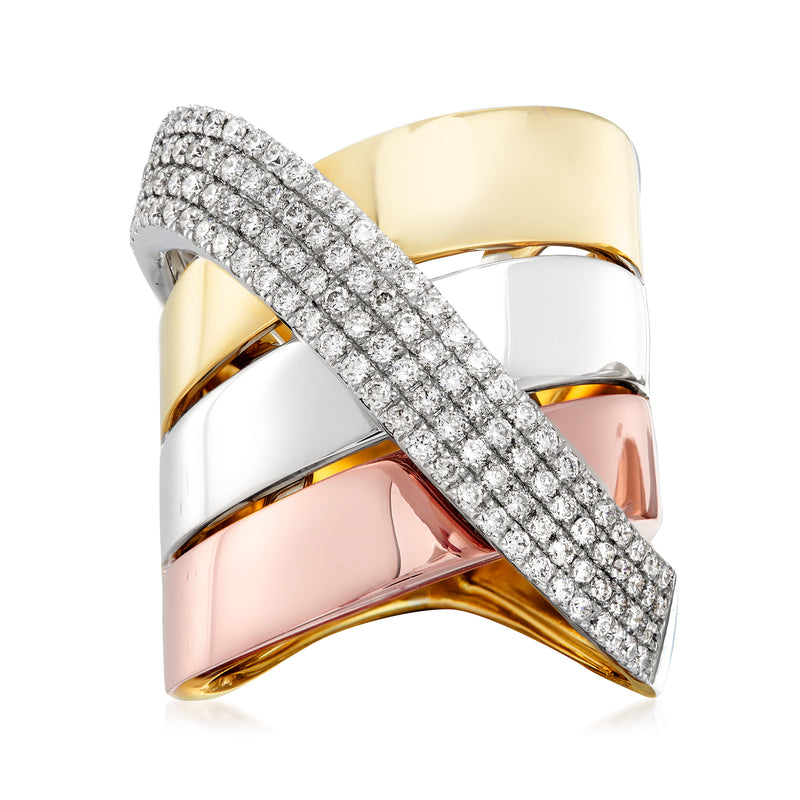 Tri-color gold diamond sash ring with pavé-set diamond crossover bands