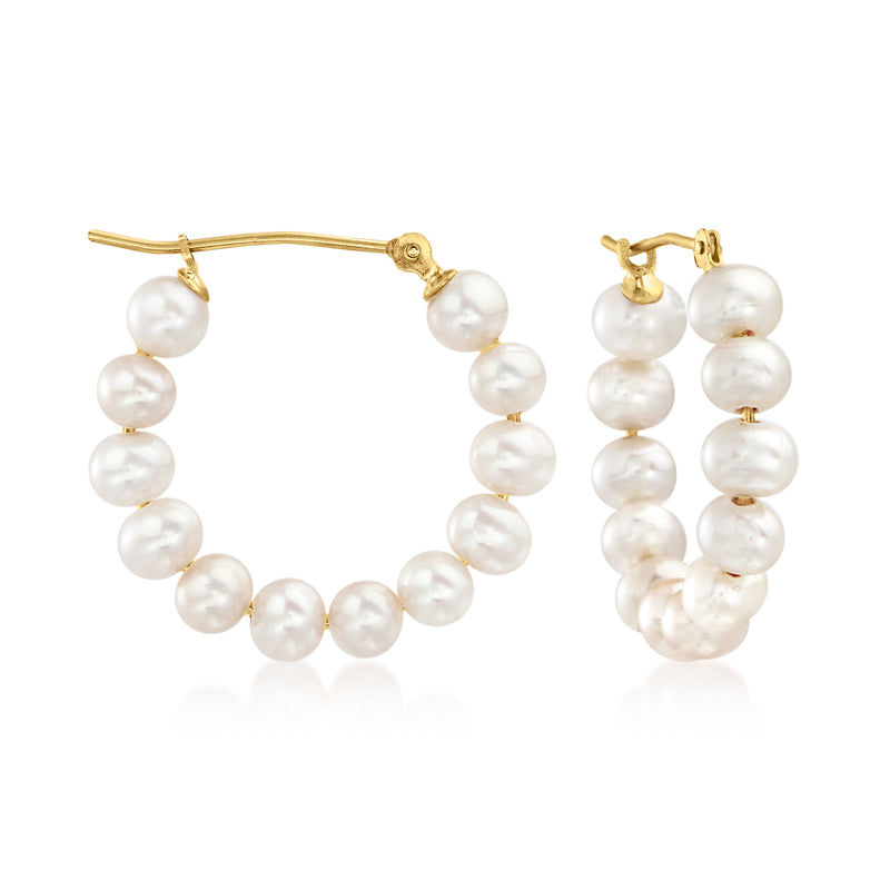 Cultured pearl hoop earrings in 14kt yellow gold with white pearl segments