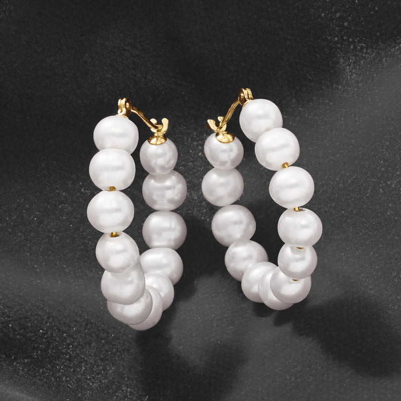 Cultured pearl hoop earrings, 14kt yellow gold, with white stacked pearl hoops