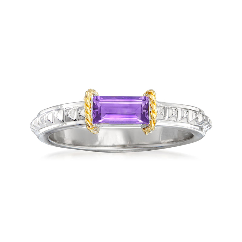 Sterling silver ring with amethyst emerald-cut center and 18kt yellow gold prongs