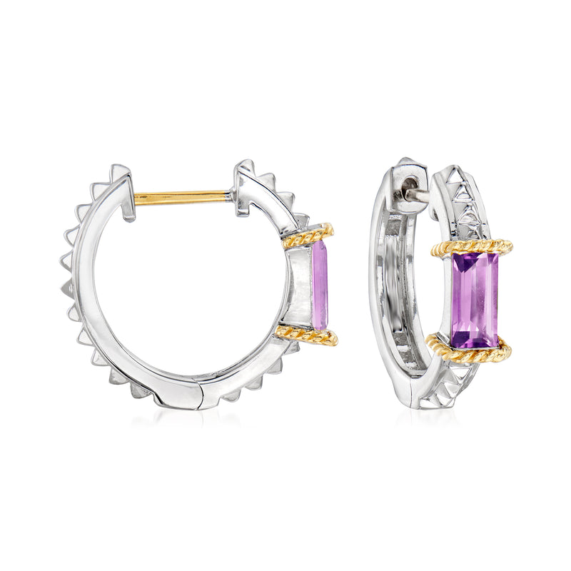 Amethyst hoop earrings in sterling silver with purple gemstone and yellow gold accents
