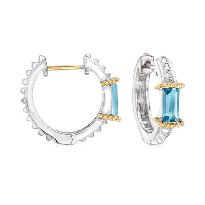 Sterling silver hoop earrings with light blue topaz and 18kt yellow gold accents