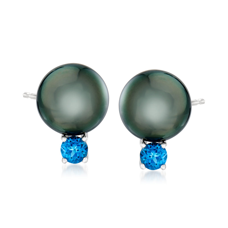 Sterling silver post earrings with dark green Tahitian pearls and London blue topaz