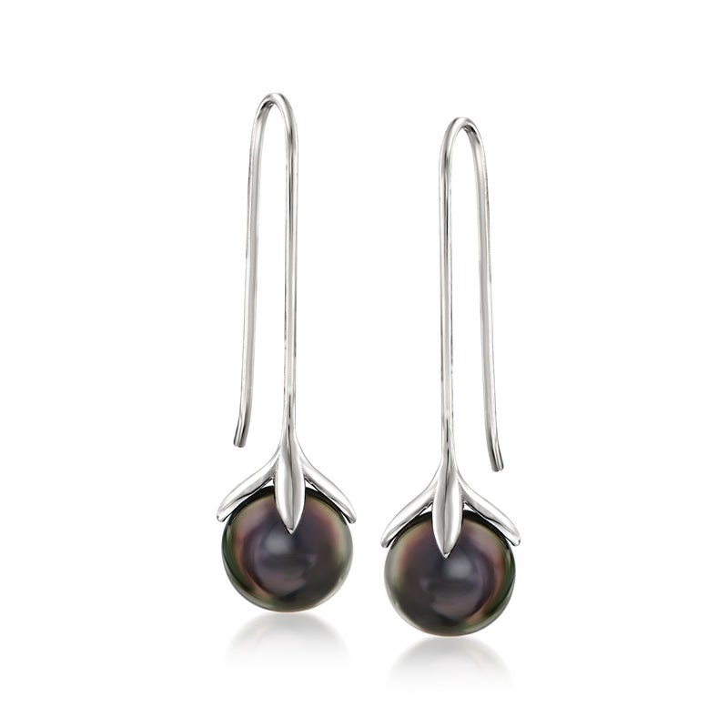 Sterling silver earwire drop earrings with black cultured Tahitian pearls