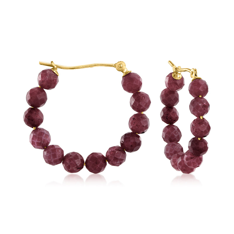 Ruby bead hoop earrings in 14kt yellow gold, maroon round beads