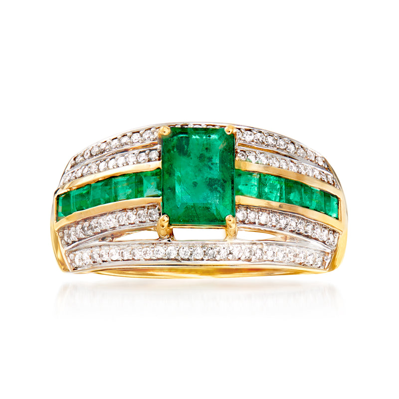 Emerald and diamond multi-row ring in 14kt yellow gold, square emerald center