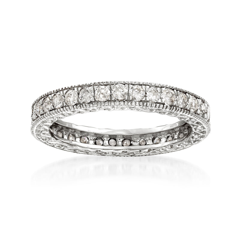 14kt white gold diamond eternity band with beaded edges and round diamonds, side view