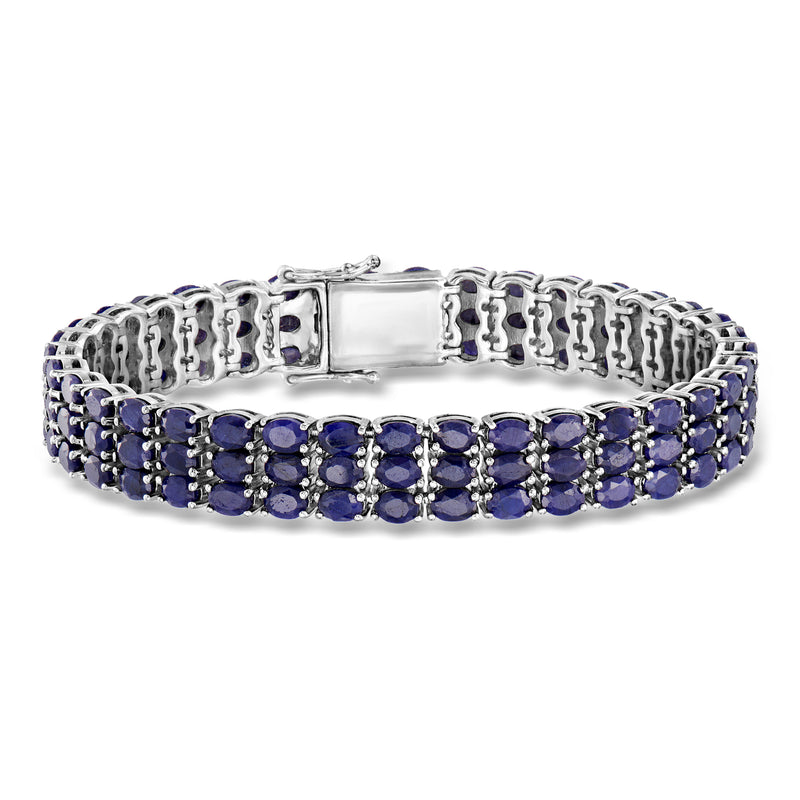 Three-row sapphire tennis bracelet in sterling silver with blue gemstone rows