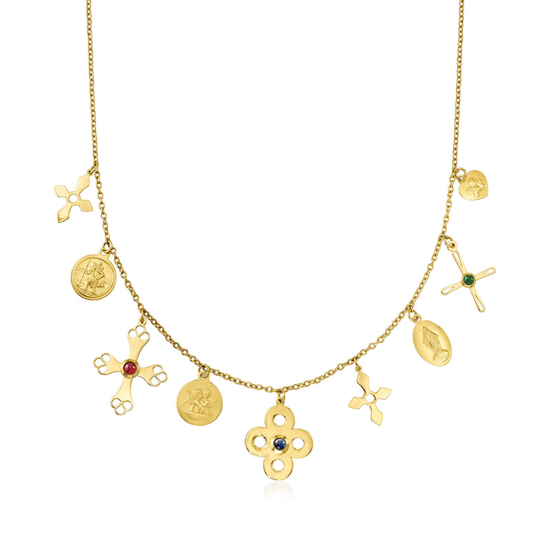 14kt yellow gold religious charm necklace with multicolor gemstone accents and medal charms