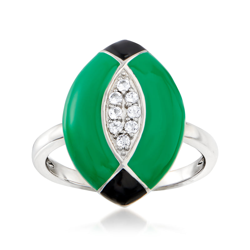 Sterling silver ring with oval green & black enamel, white topaz-like stones
