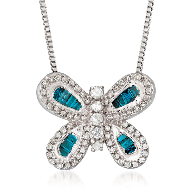 Sterling silver diamond butterfly necklace with blue and clear stones pendant