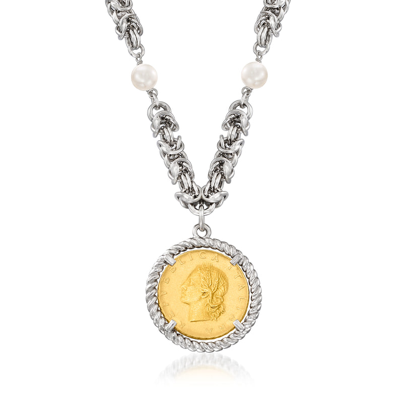 Sterling silver necklace with cultured pearl drops and Byzantine coin pendant