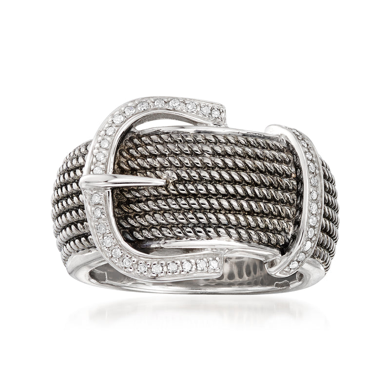 0.11 ct diamond buckle ring, sterling silver with textured mesh band and clear stones
