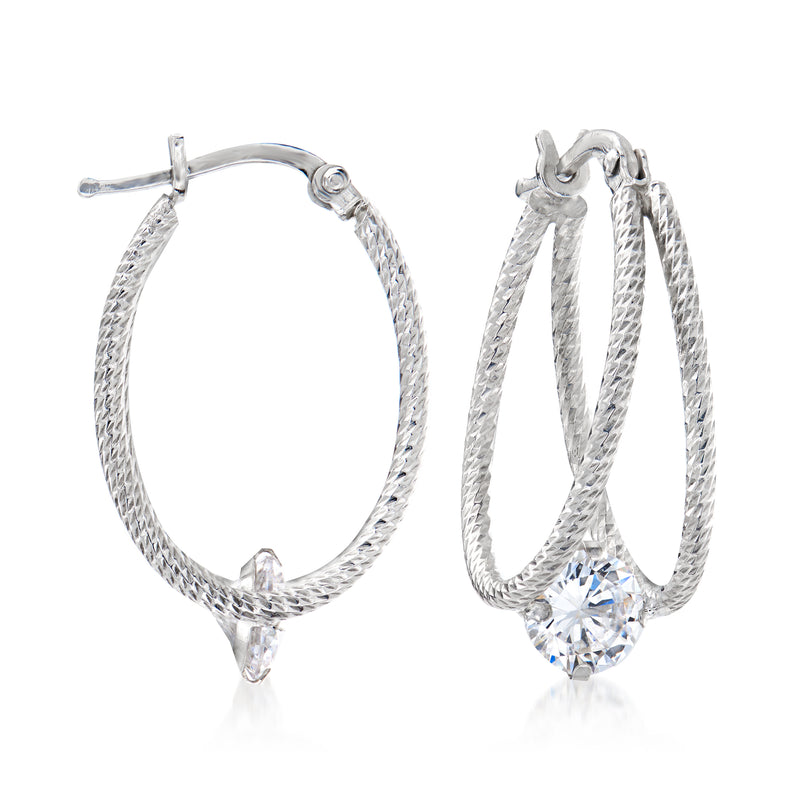 Sterling silver double-hoop earrings with oval CZ stones, hinged hoop design