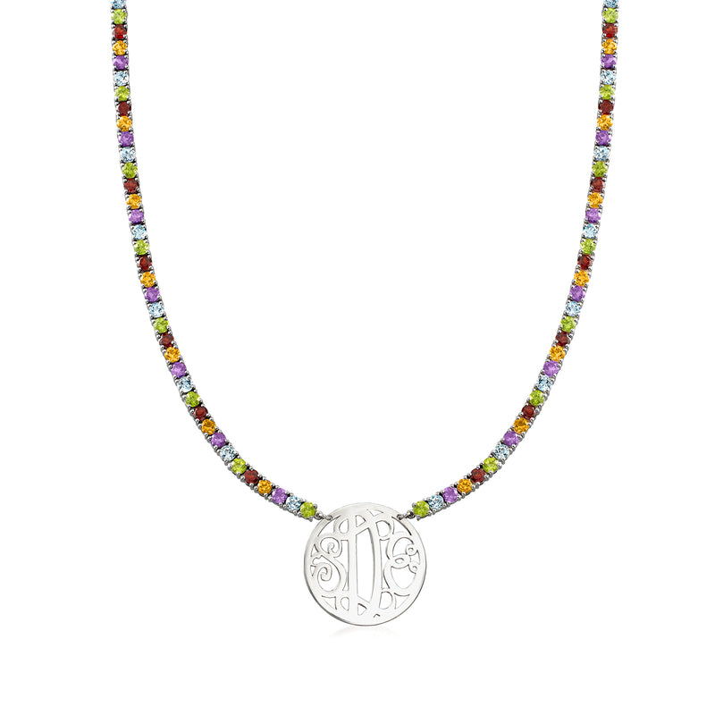 Sterling silver multigemstone necklace with round monogram pendant and colorful gemstone chain