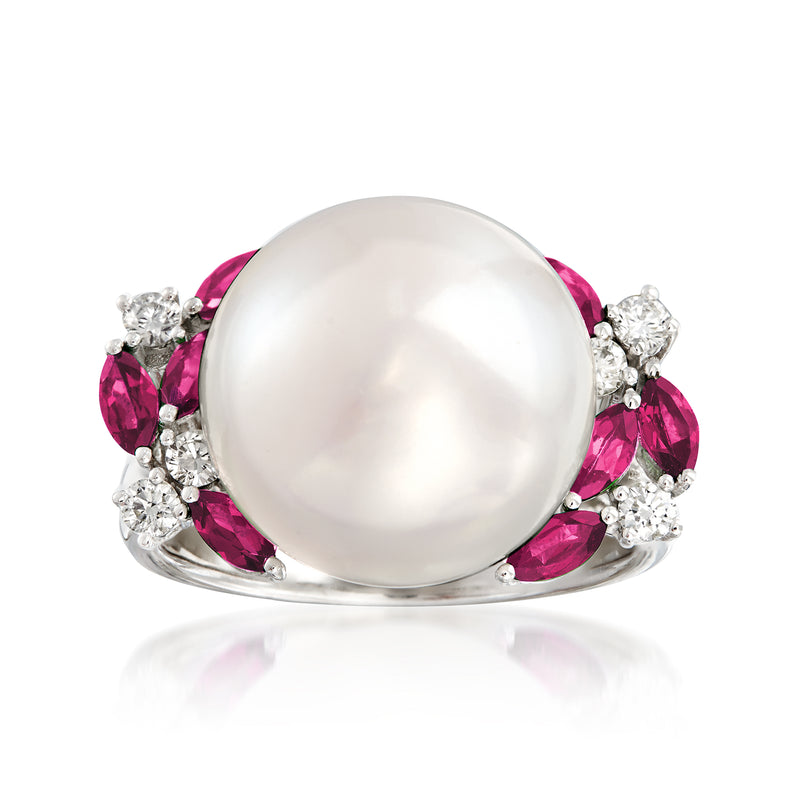 14kt white gold ring with large round cultured pearl, pink rubies, and diamond accents