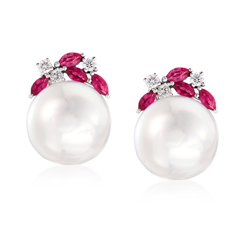 14kt white gold pearl earrings with pink ruby accents and small diamond cluster tops