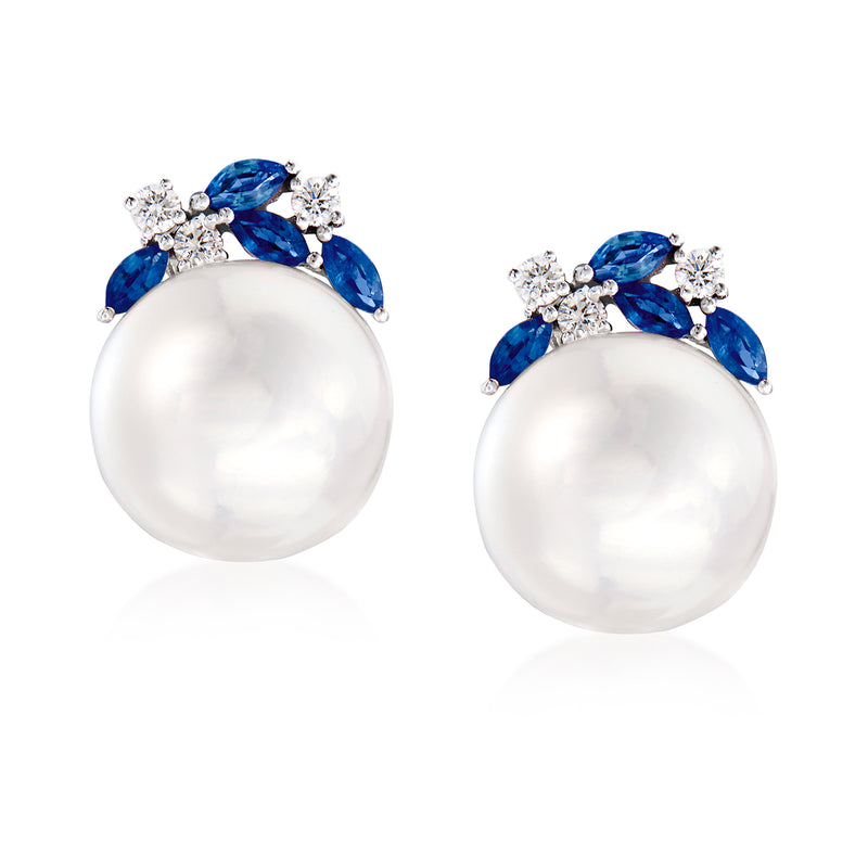 White gold stud earrings with round cultured pearl, blue sapphire accents, diamond clusters