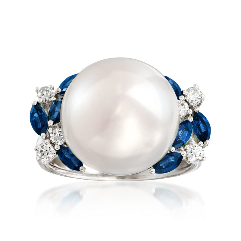 14kt white gold ring with large cultured pearl center, sapphire accents, and diamond halo