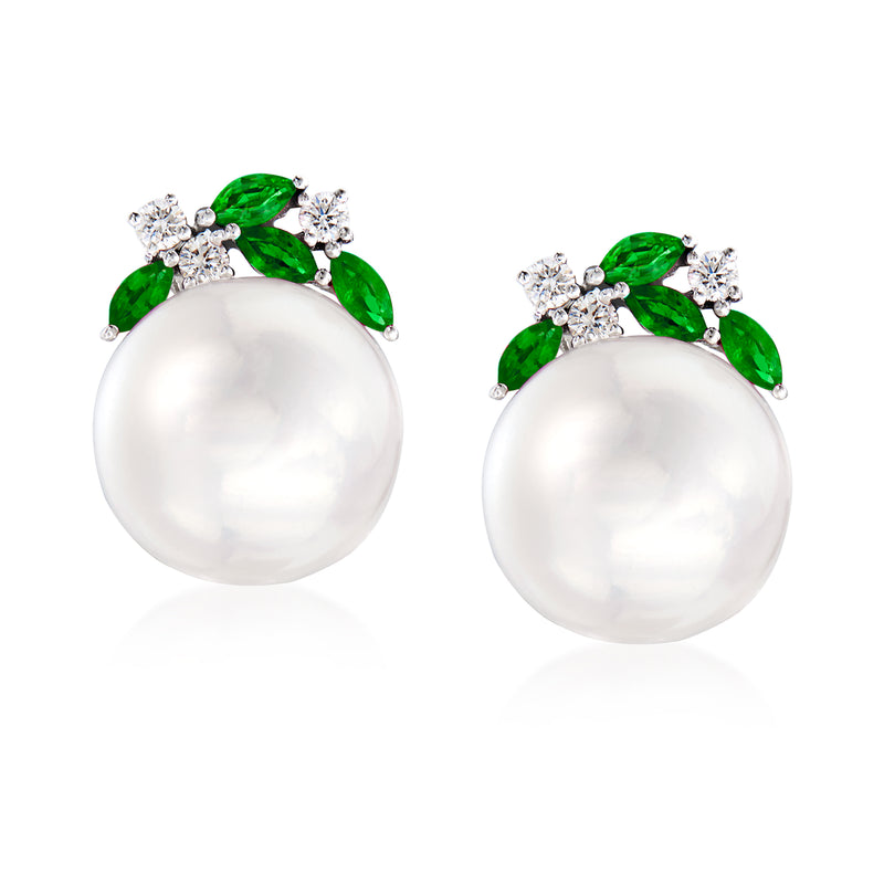 Cultured pearl stud earrings with green tsavorite and diamond clusters in 14kt white gold