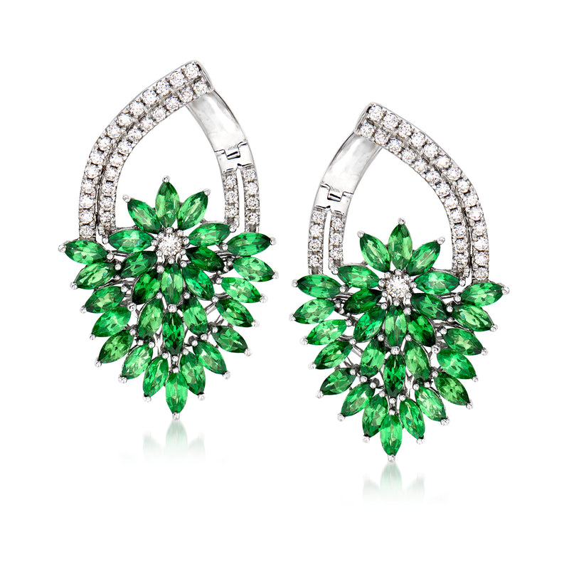 14kt white gold floral drop earrings with green tsavorite petals and diamond accents