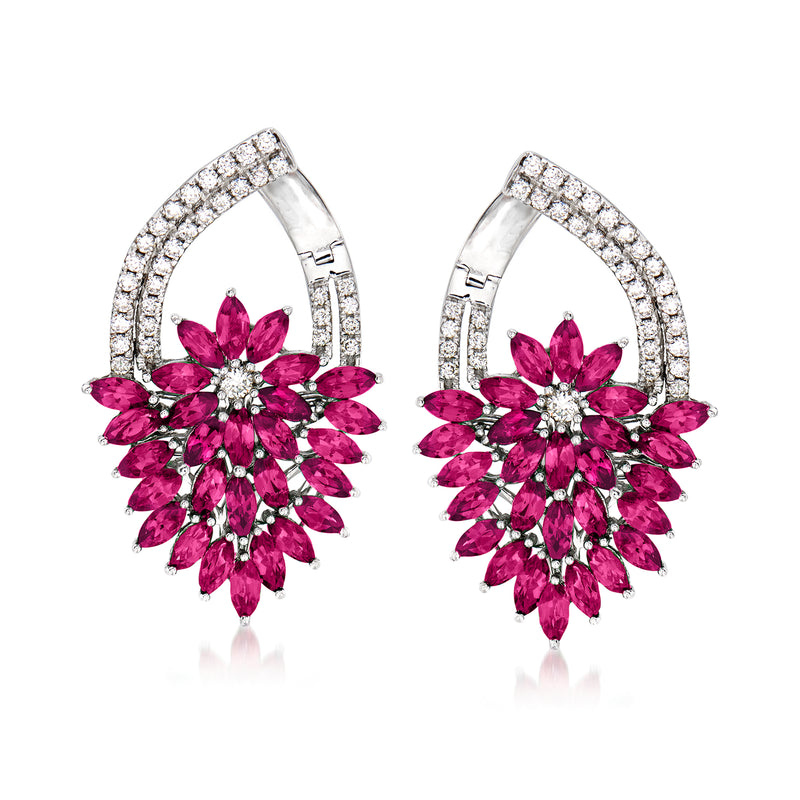 14kt white gold ruby and diamond floral drop earrings with pink marquise petals