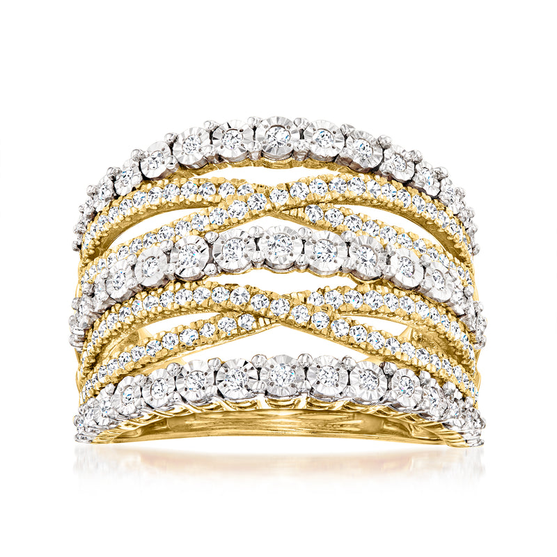 Three-row diamond ring with gold-toned bands and oval center stone clusters
