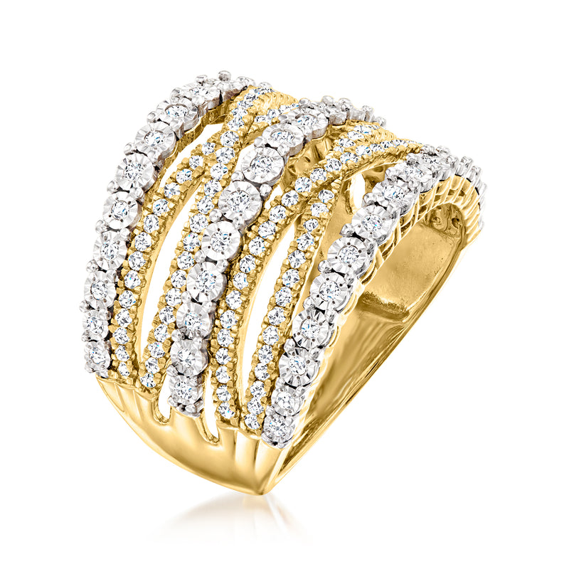 Multi-row diamond ring in 18kt gold over sterling with round and pavé stones