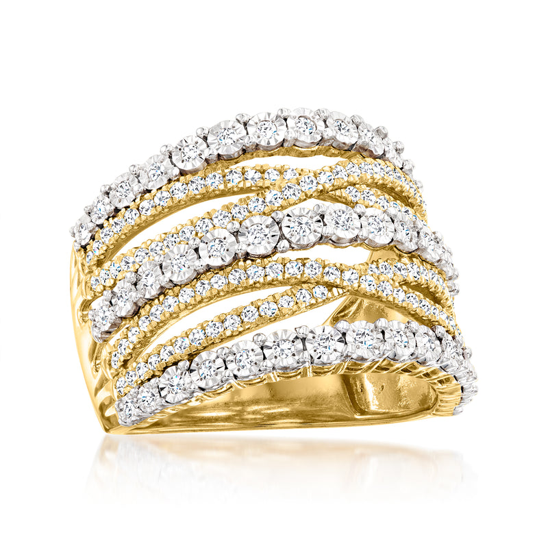 Multi-row diamond ring in 18kt gold over sterling