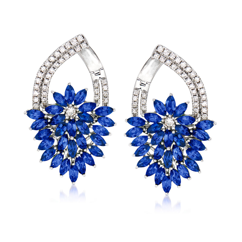 Blue sapphire and diamond floral drop earrings in 14kt white gold