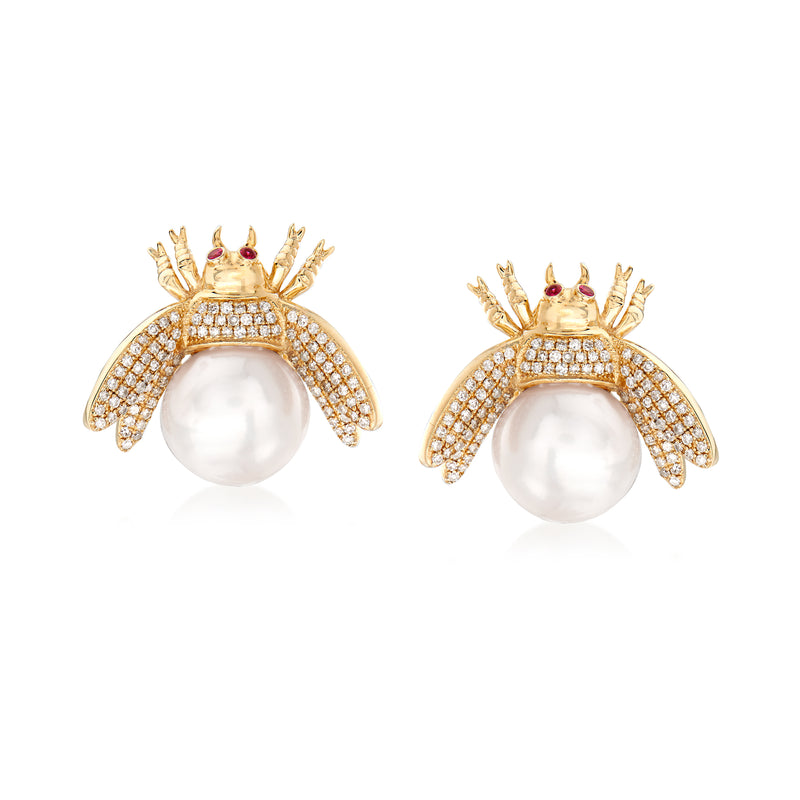 Pearl and diamond bug earrings in 14kt yellow gold