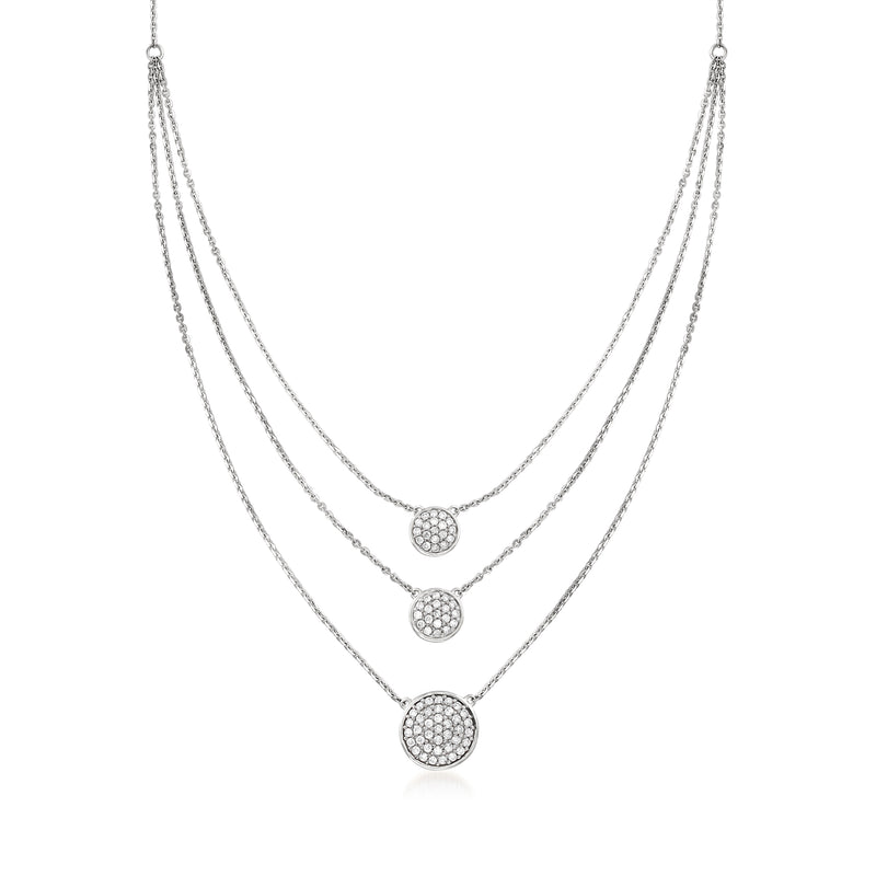 Sterling silver three-strand necklace with pave diamond round cluster pendants