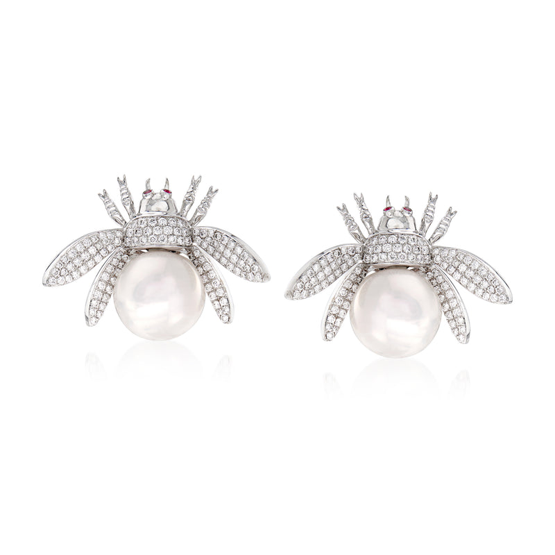 Bug earrings with cultured pearls and diamonds in 14kt white gold