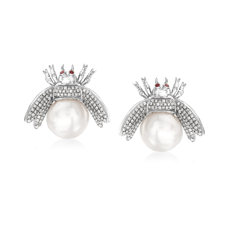 Cultured pearl and diamond bug earrings in 14kt white gold