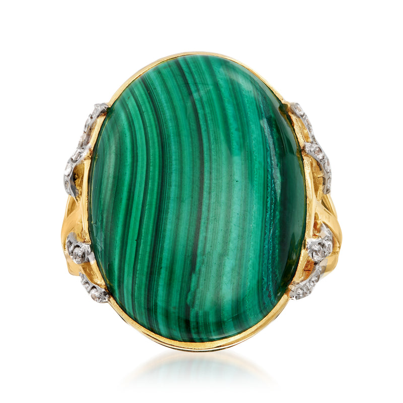 18kt gold over sterling malachite oval cocktail ring with white topaz halo accents