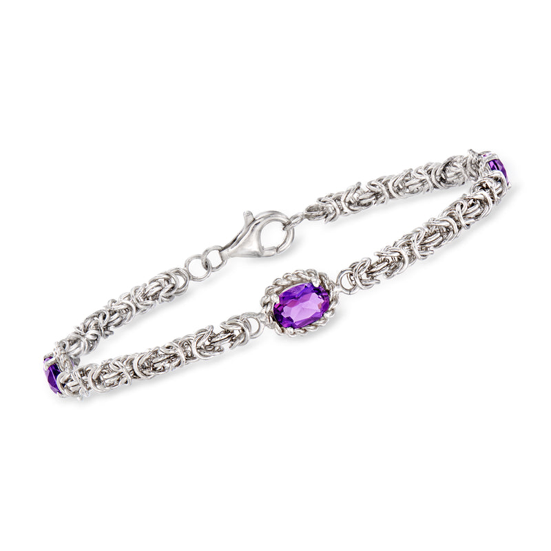 Sterling silver Byzantine bracelet with purple round amethyst gemstone accent