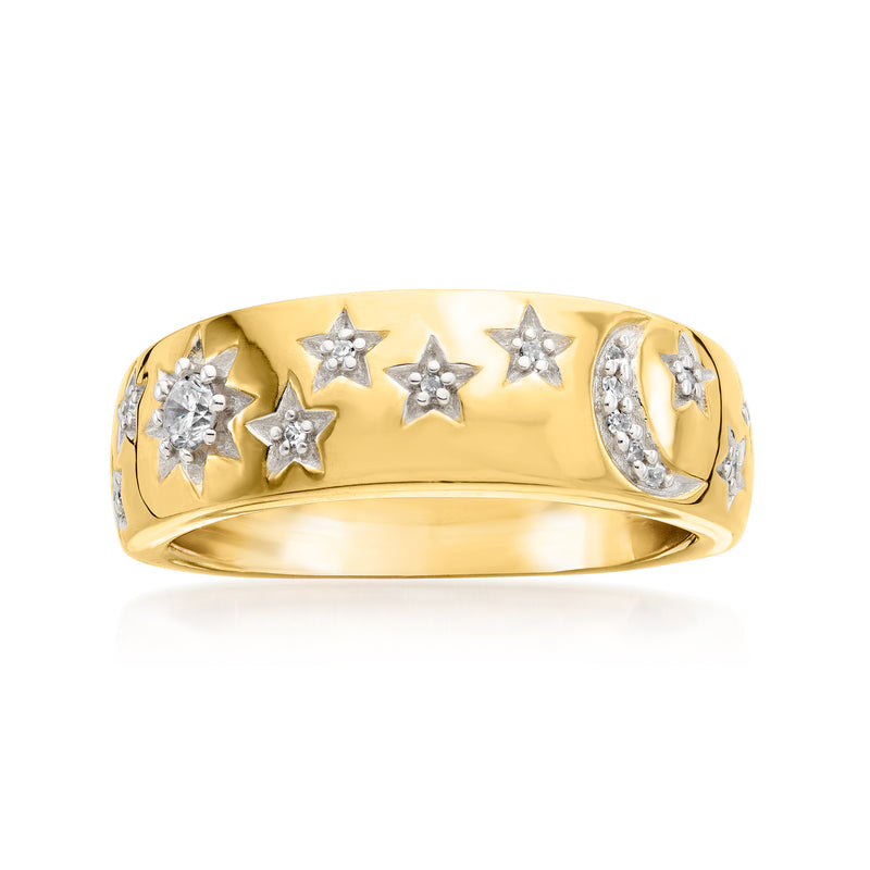 Gold moon-and-star diamond ring with star accents across the band