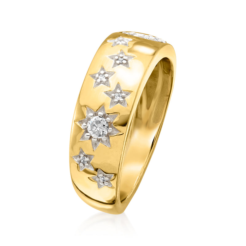 Gold moon-and-star diamond band ring, angled view with crescent detail