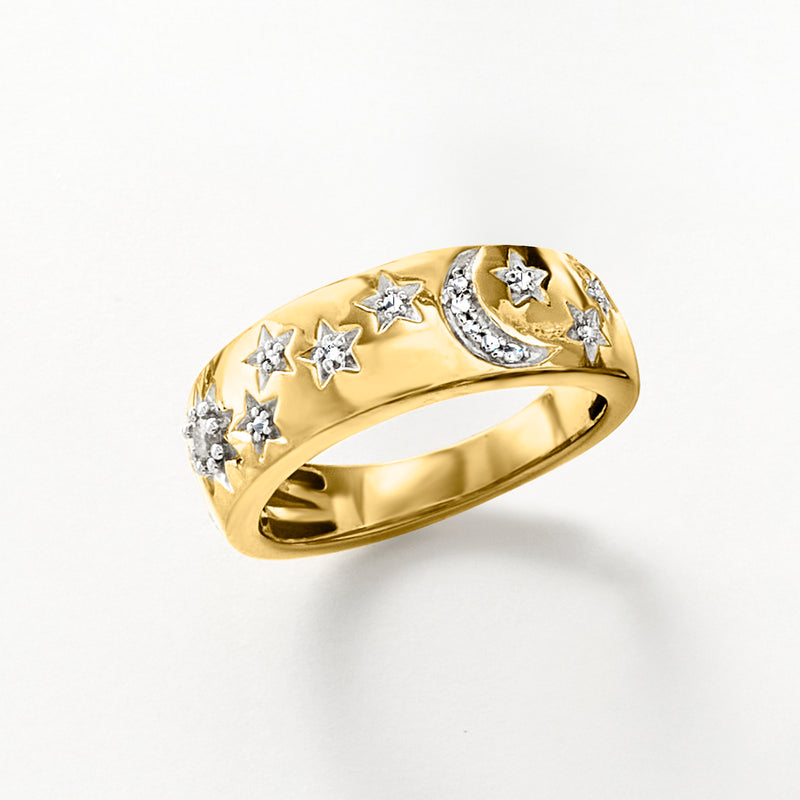 Gold moon-and-star diamond ring with crescent moon and star motifs