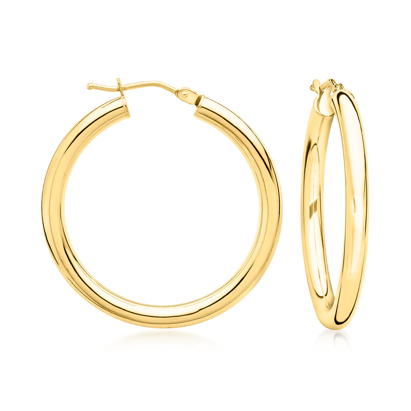 18kt yellow gold hoop earrings, hinged clasp, polished round hoops