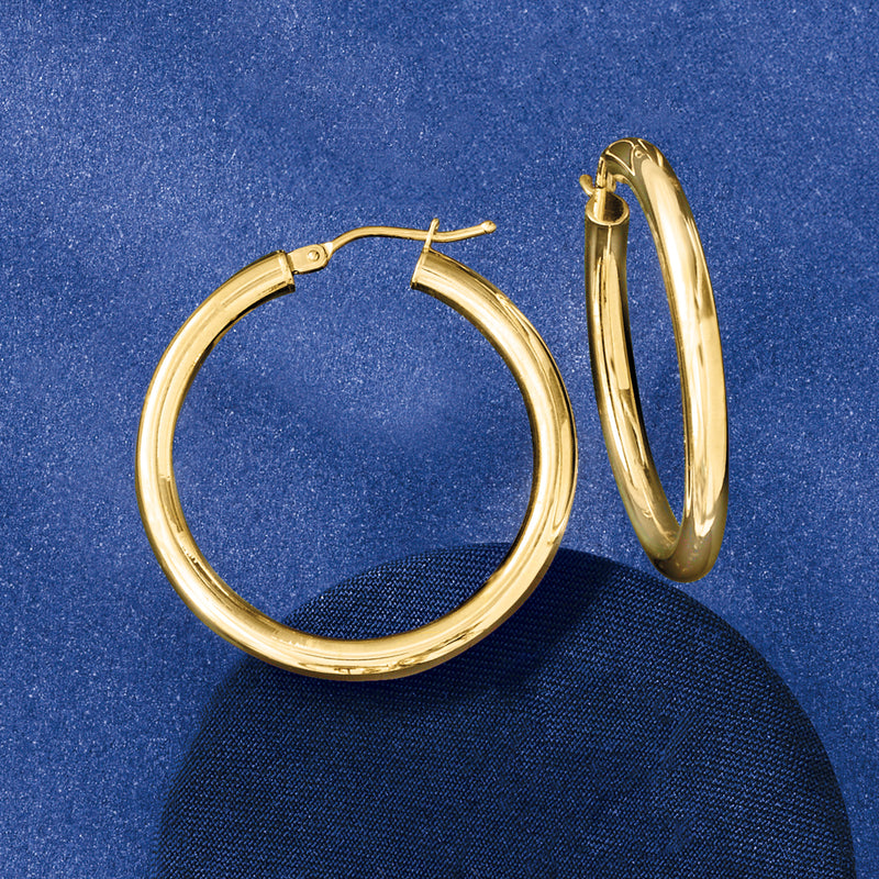 18kt yellow gold hoop earrings, glossy round hoops with hinged backs
