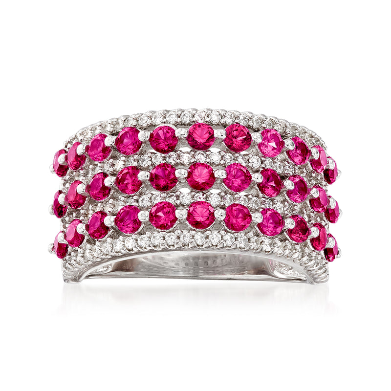 Sterling silver multi-row ring with bright pink simulated ruby-like stones, round cut