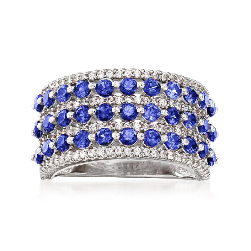 Sterling silver multi-row ring with blue simulated sapphire-style stones and CZ accents