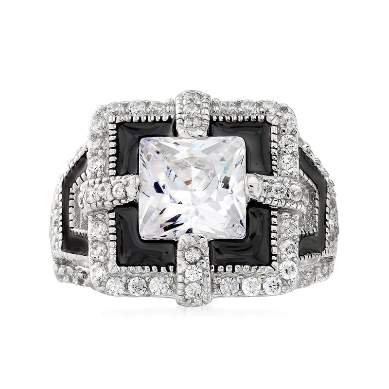 Art Deco style sterling silver ring with large clear CZ and black enamel panels