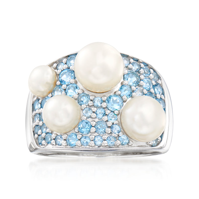 Sterling silver ring with cultured pearls and sky blue topaz accents