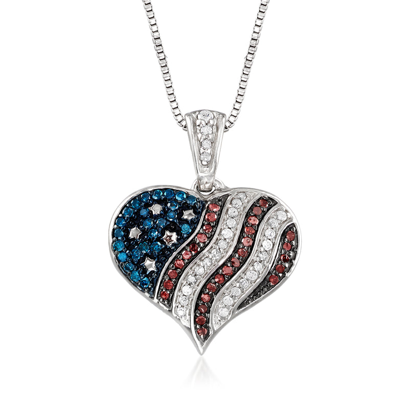 Sterling silver heart pendant necklace with multicolored diamond American flag inlay